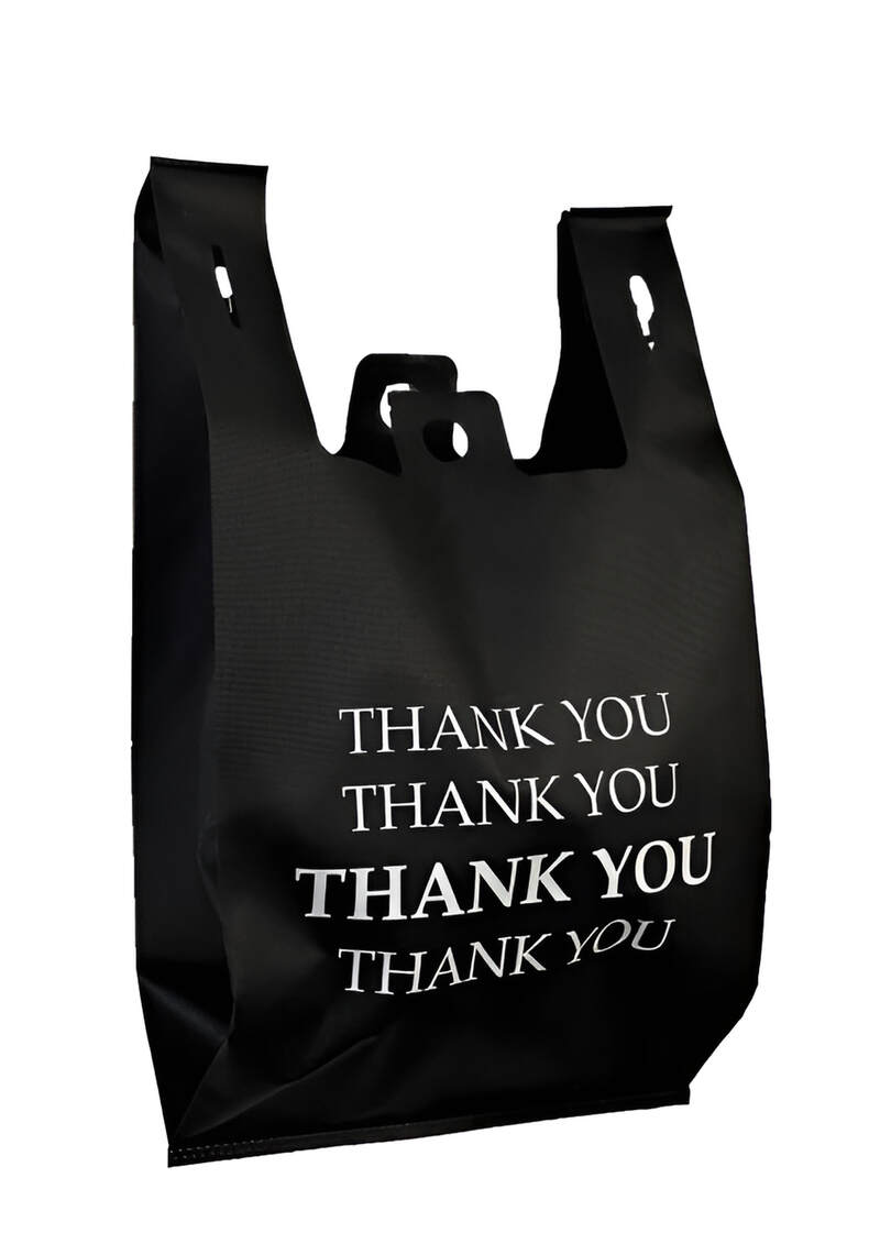 T-Shirt Reusable Shopping Bags **MERCI/THANK YOU Bilingual** S5 12x7x21 Inches Black - Case 100